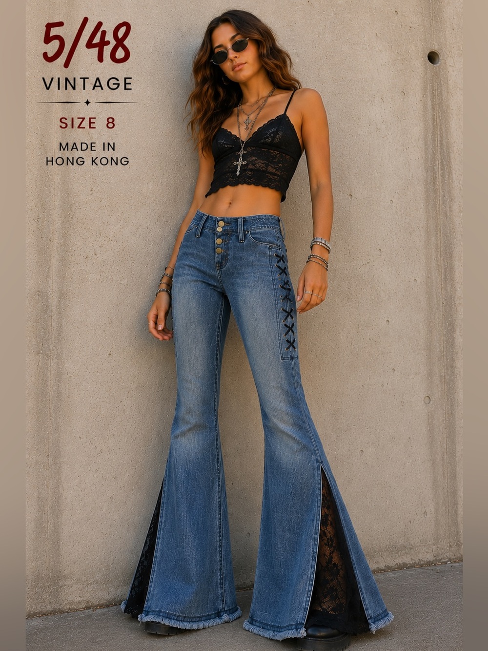 5/48 jeans flares blue w/black lace womens sz 8 blue boho festival concert Y2K